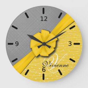 Grande Horloge Ronde Ribbon ensoleillé, Tissu Gris Deux Tons Jaunes