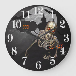 Grande Horloge Ronde Rire Squelette Halloween message personnalisé