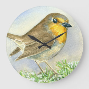Grande Horloge Ronde Robin sur une branche de genévrier dépoli
