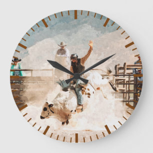 Grande Horloge Ronde Rodéo Taureau Cavalier Rustique Occidental