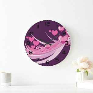 Grande Horloge Ronde Romantique Abstrait Coeurs Rose Design Sur Violet