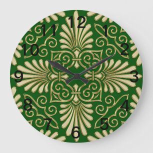 Grande Horloge Ronde Romantique Art Déco Art Déco Damas Vert Or 01