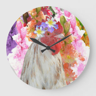 Grande Horloge Ronde Rooster And Hollyhock Flowers