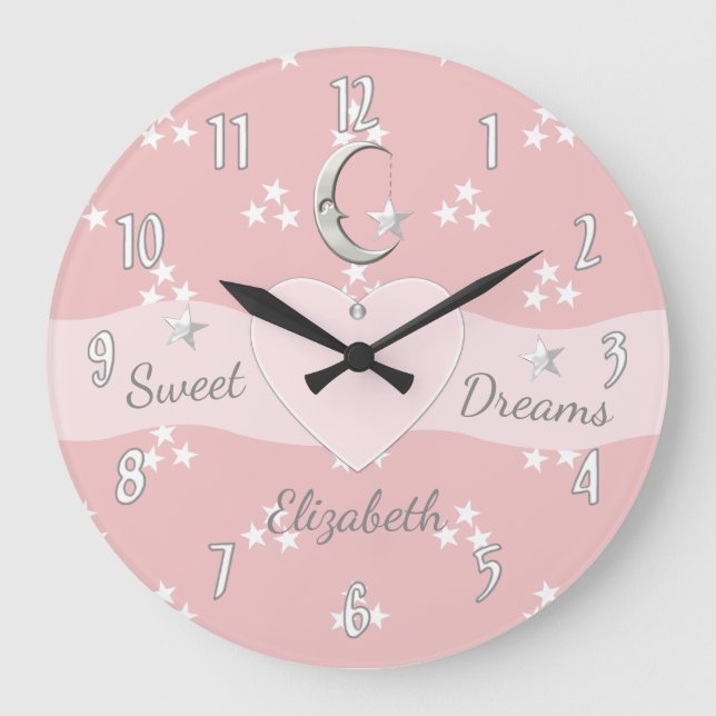 Grande Horloge Ronde Rose avec étoiles de lune et nom de bébé (Recto)