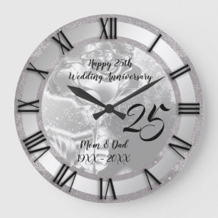 Grande Horloge Ronde Rose de Luxe Pailleté Argent 25e Anniversaire