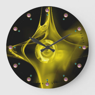 Grande Horloge Ronde Rose FRACTAL JAUNE EN NOIR, GEMMES ROSES