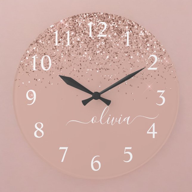 Grande Horloge Ronde Rose Gold Blush Pink Glitter Script Monogram Girly (Créateur téléchargé)
