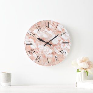 Grande Horloge Ronde Rose Gold Glam Marbre Chiffres Romains Rétro