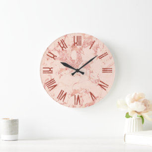 Grande Horloge Ronde Rose Gold Glam Marbre Chiffres Romains Rétro Grung