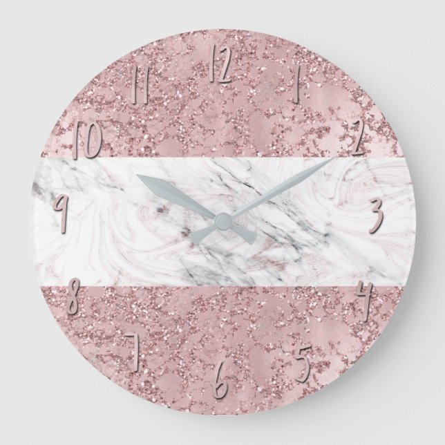 Grande Horloge Ronde Rose Gold Modern Glam Marbre & Parties scintillant (Recto)
