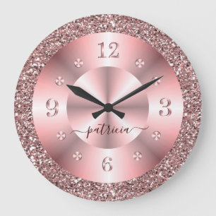 Grande Horloge Ronde Rose Gold Pailleté Personnalisé Tendance Nom