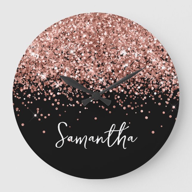 Grande Horloge Ronde Rose Gold Parties scintillant Black Script Nom (Recto)