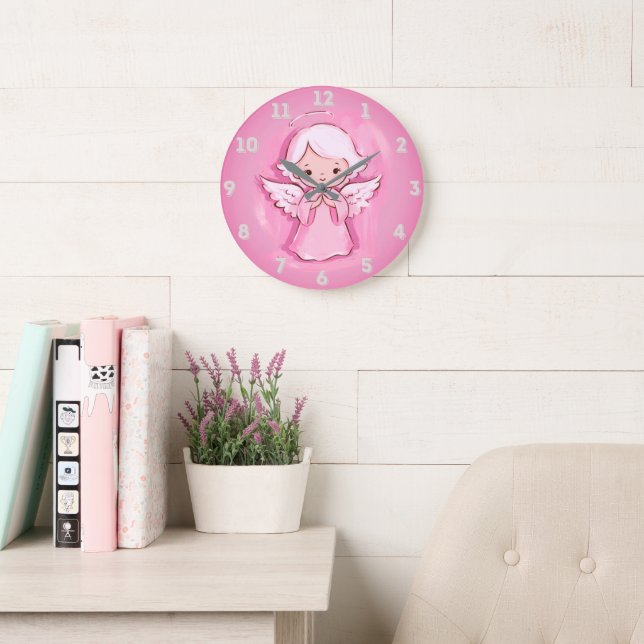 Grande Horloge Ronde Rose pastel ange, rose chaud et gris (Salle de lecture)