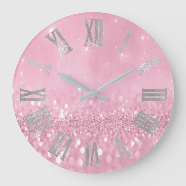 Grande Horloge Ronde Rose Pastel Rose Glitter Gray Roman Numbers (Recto)