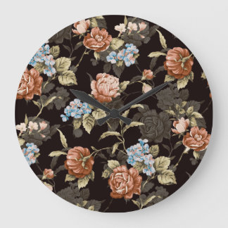 Grande Horloge Ronde Roses botaniques : motif floral abstrait.