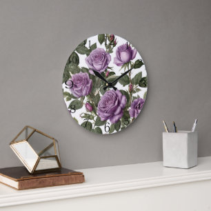 Grande Horloge Ronde Roses de Rose pourpre,