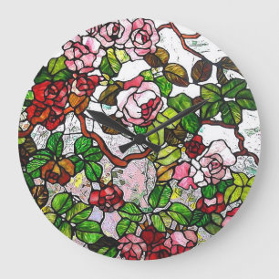 Grande Horloge Ronde Roses d'escalade - verre souillé