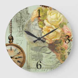 Grande Horloge Ronde Roses en vapeur et jaune en vert