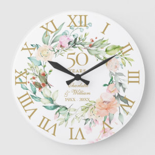 Grande Horloge Ronde Roses Fleurales 50e Anniversaire de Mariage