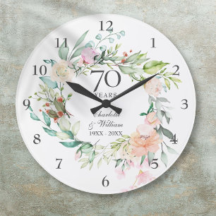 Grande Horloge Ronde Roses Fleurales 70e Anniversaire de Mariage
