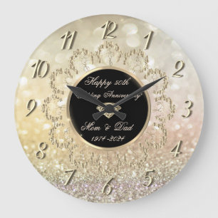 Grande Horloge Ronde Roses Mandala Doré Bokeh 50e Anniversaire de Maria