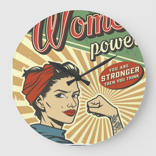 Grande Horloge Ronde Rosie Riveter, Woman Power Retro Design (Recto)