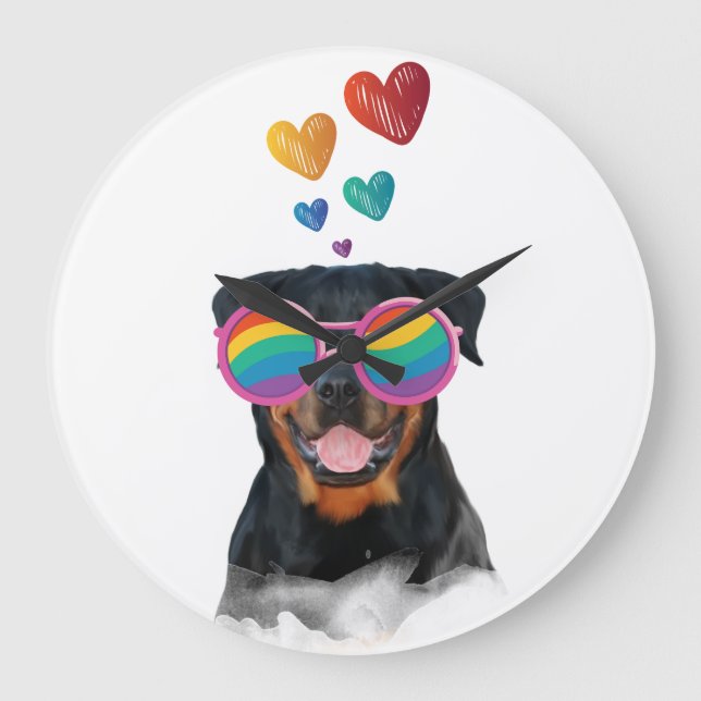 Grande Horloge Ronde Rottweiler Chien avec Coeurs Saint-Valentin (Recto)