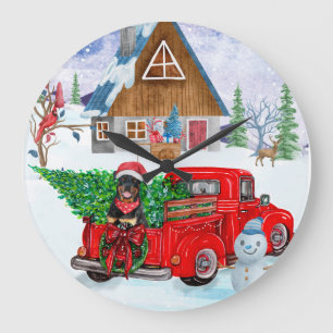 Grande Horloge Ronde Rottweiler Chien en livraison Noël Camion Neige
