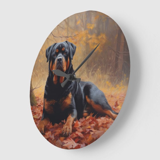 Grande Horloge Ronde Rottweiler dans les feuilles d'automne automne aut (Angle)
