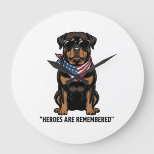 Grande Horloge Ronde Rottweiler Patriotique Chien Héros Design Vintage_