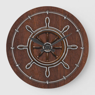 Grande Horloge Ronde Roue marine en acajou nautique