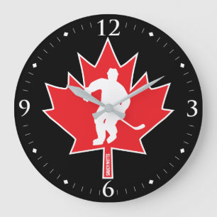 Grande Horloge Ronde Rouge de joueur de feuille d'érable d'hockey du