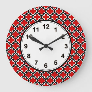 Grande Horloge Ronde Rouge Noir Blanc Motif Quatrefoil Marocain #5DS