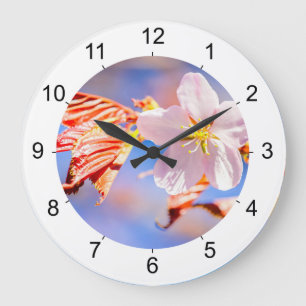 Grande Horloge Ronde Rouge Sakura bleu ciel