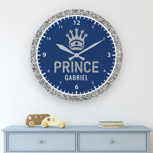 Grande Horloge Ronde Royal Prince Faux Silver Glitter Crown Boys