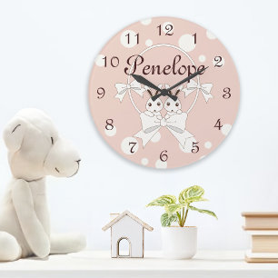 Grande Horloge Ronde Ruban blanc blanc cassé rose pastel et lapin jumea
