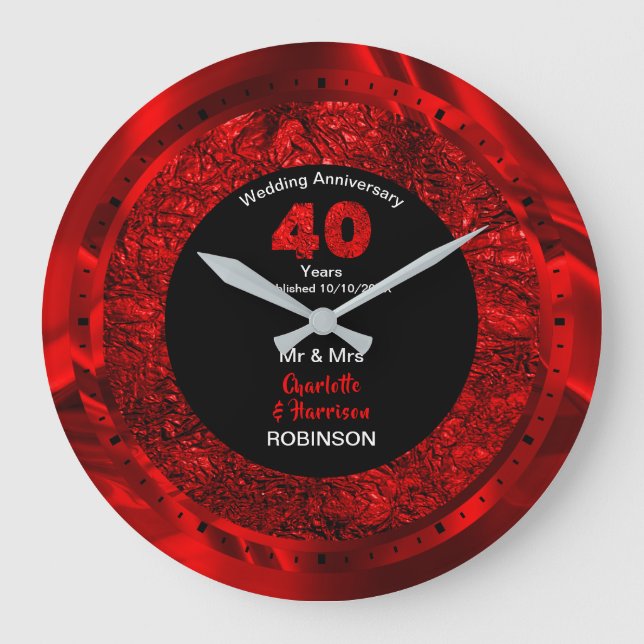 Grande Horloge Ronde Ruby Mariage Anniversaire 40 ans Personnalisé Lar (Recto)