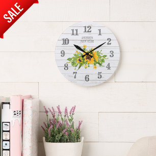 Grande Horloge Ronde Rustic Barn White Grey Wood Sunflowers