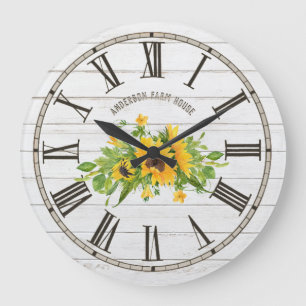 Grande Horloge Ronde Rustic Barn White Grey Wood Sunflowers
