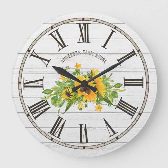 Grande Horloge Ronde Rustic Barn White Grey Wood Sunflowers (Recto)