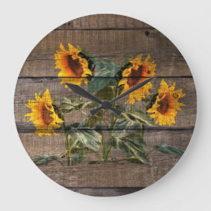 Grande Horloge Ronde Rustic Barn Wood Sunflower