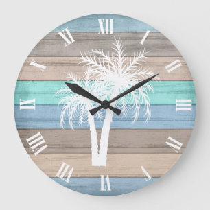 Grande Horloge Ronde Rustic Beach Bois Nautique et rayures Palmiers