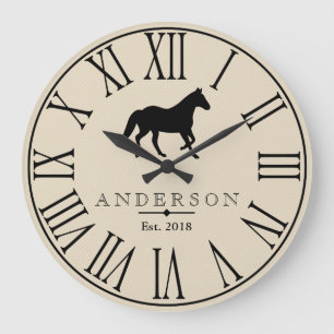 Grande Horloge Ronde Rustic Black Horse Silhouette & Family Nom