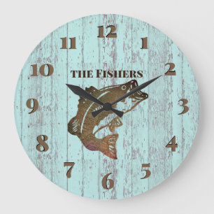 Grande Horloge Ronde Rustic Blue Board Fishing Cabin