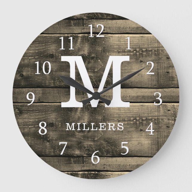 Grande Horloge Ronde Rustic Brown Wood Nom de famille Monogrammé (Recto)