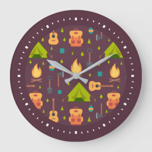 Grande Horloge Ronde Rustic Camping Tentes Motifs et Guitares