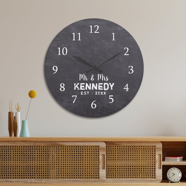 Grande Horloge Ronde Rustic Chalkboard Wedding (Rustic Chalkboard Wedding Mr And Mrs Large Clock
)