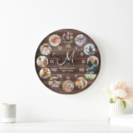 Grande Horloge Ronde Rustic Farmhouse Famille Photo Collage Monogramme