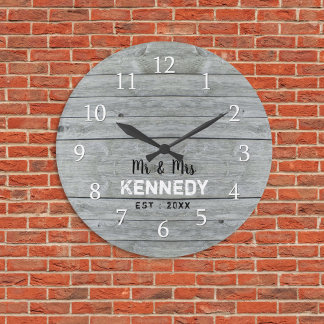 Grande Horloge Ronde Rustic Gray Wood Couple Wedding Anniversary