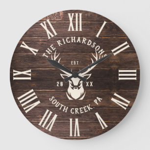 Grande Horloge Ronde Rustic Modern Custom Family Nom Farmhouse Wood
